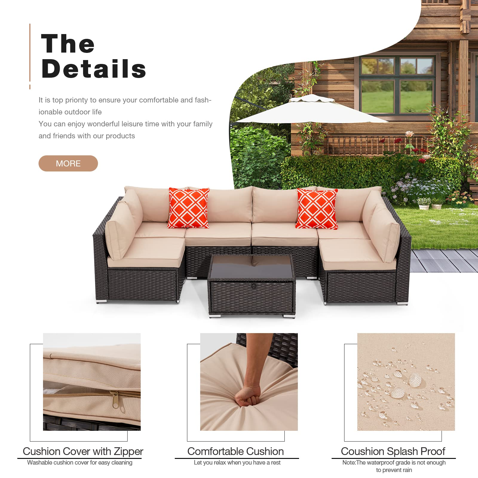 7 Pcs Outdoor Rattan Furniture Set with Coffee Table for Porch, Garden and Poolside, Khaki | Homrest Furniture