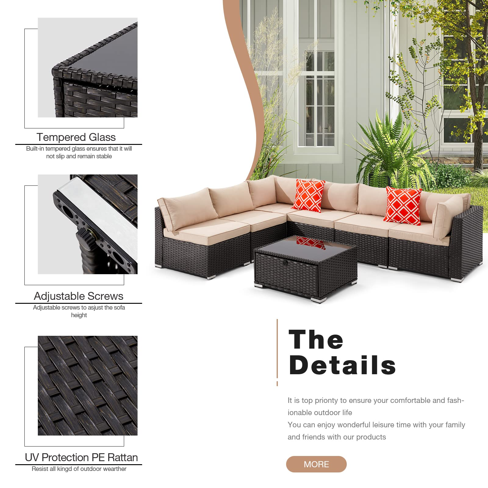 7 Pcs Outdoor Rattan Furniture Set with Coffee Table for Porch, Garden and Poolside, Khaki | Homrest Furniture