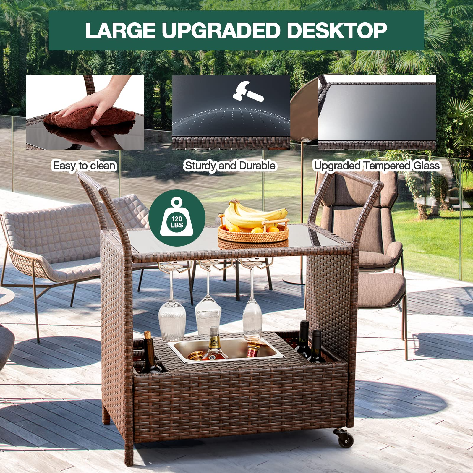 Outdoor bar cart with upgraded tempered glass is easy to clean, sturdy and durable. | Homrest patio furniture