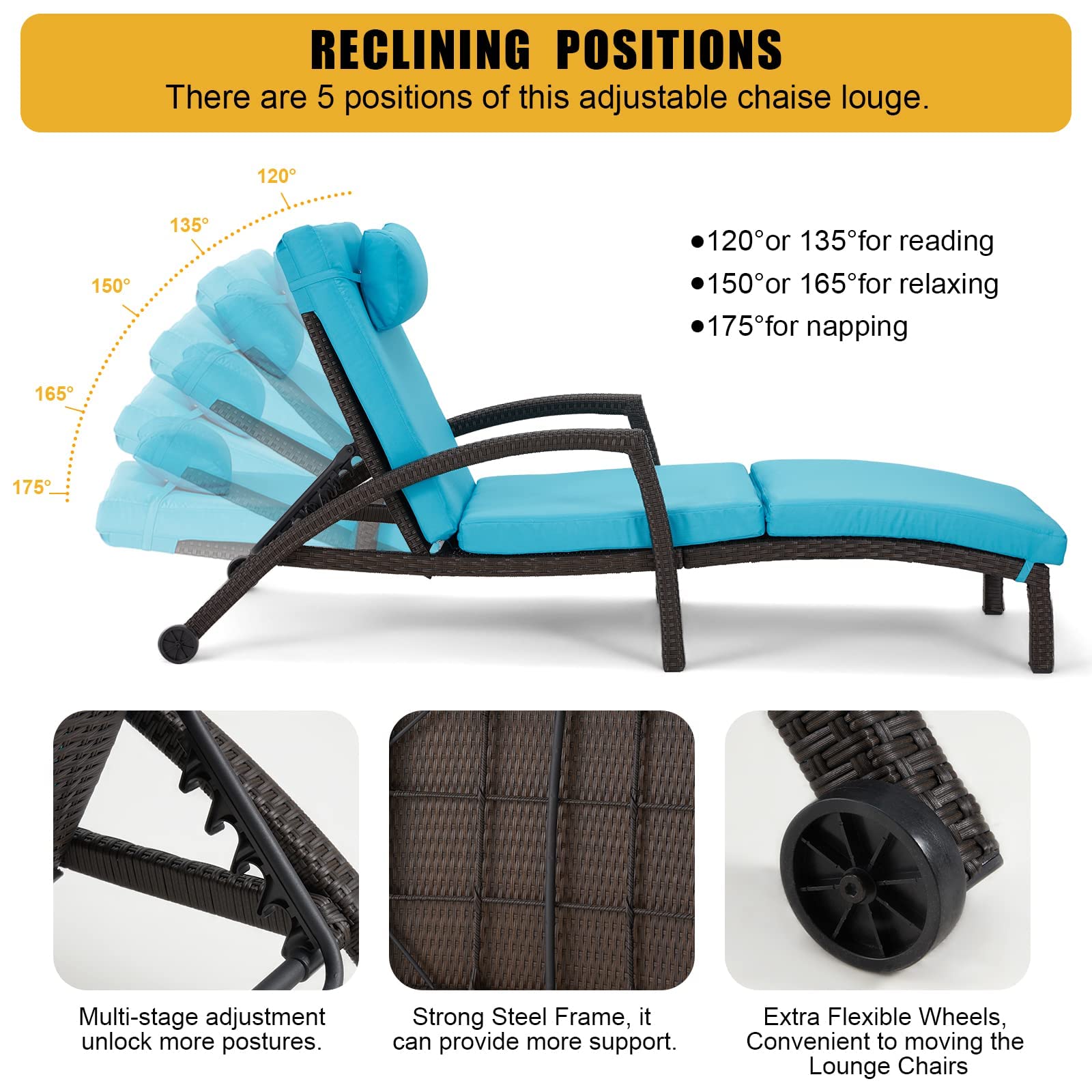 HOMREST Chaise Lounge Chairs Set of 6 with Arm, Cushion for Poolside Beach, Blue
