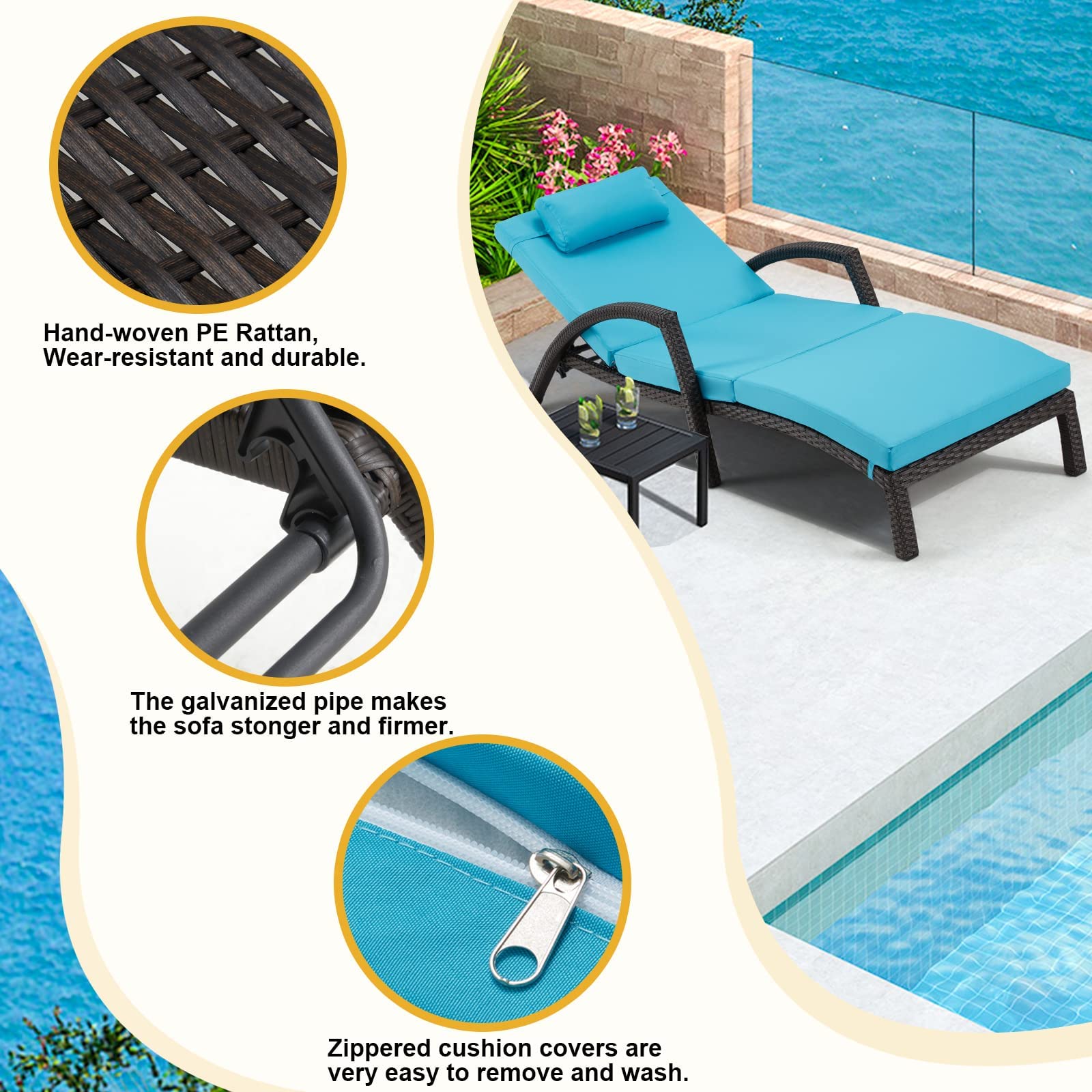 HOMREST Chaise Lounge Chairs Set of 6 with Arm, Cushion for Poolside Beach, Blue