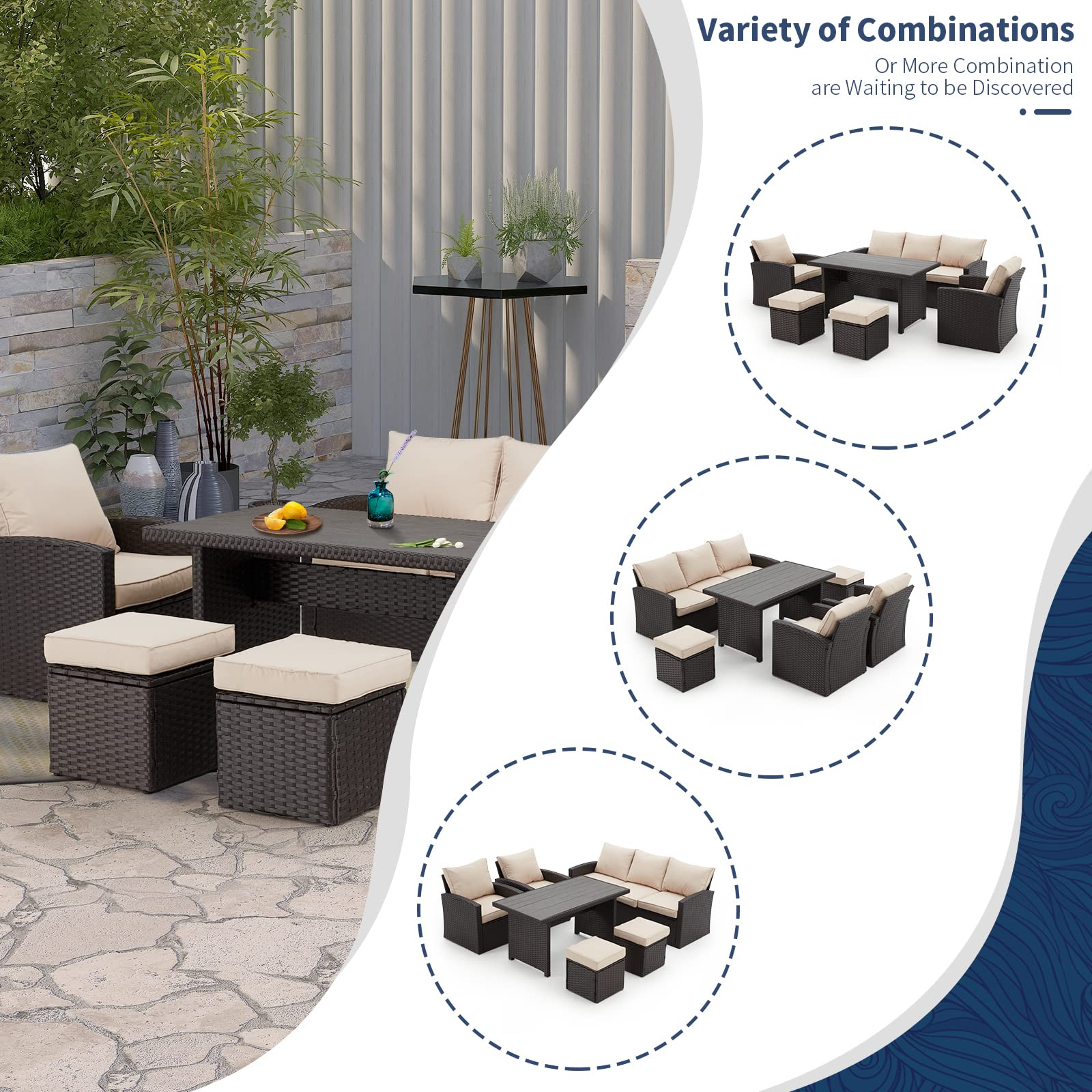 Homrest patio dining set with table, khaki