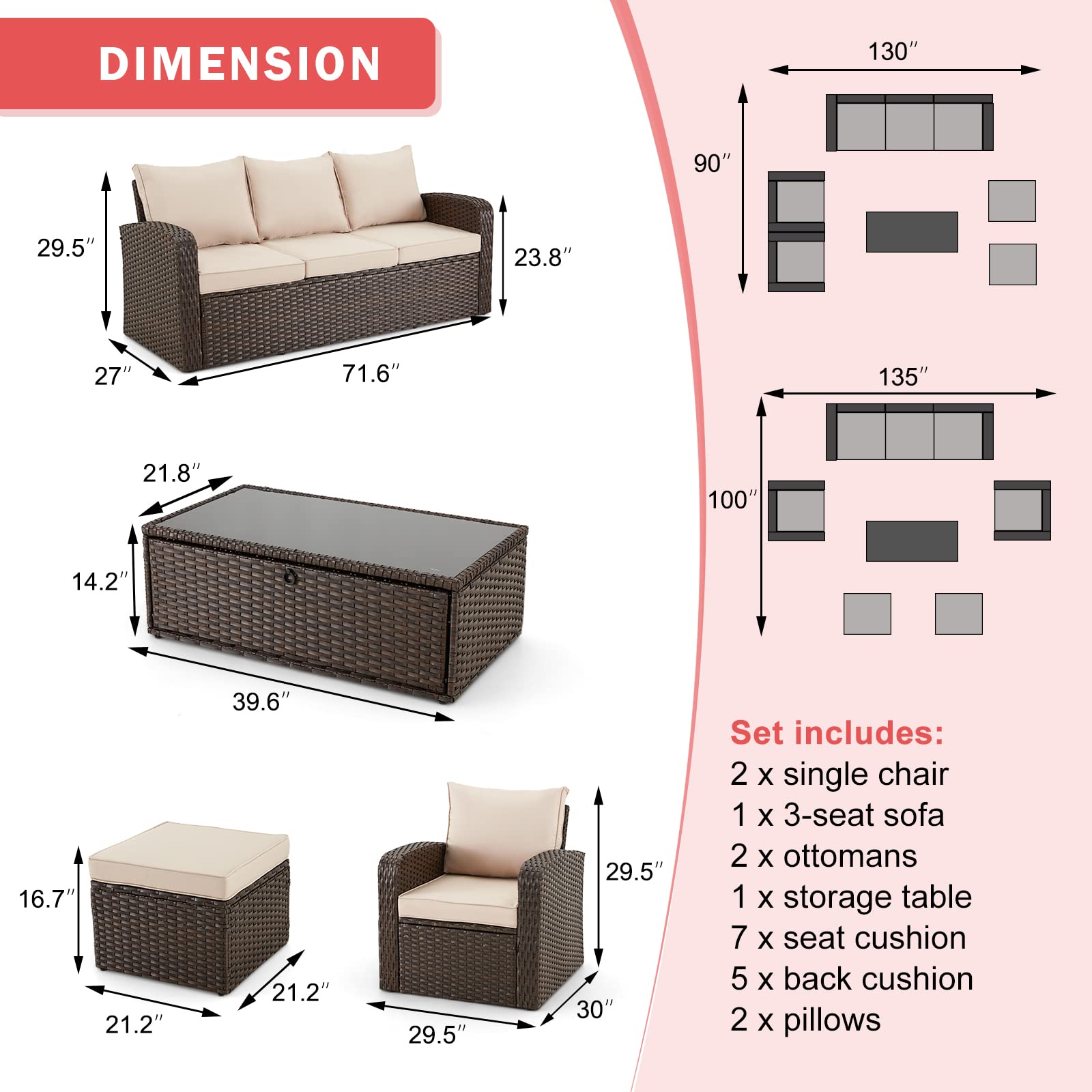 Product dimensions of Homrest outdoor sectionals.