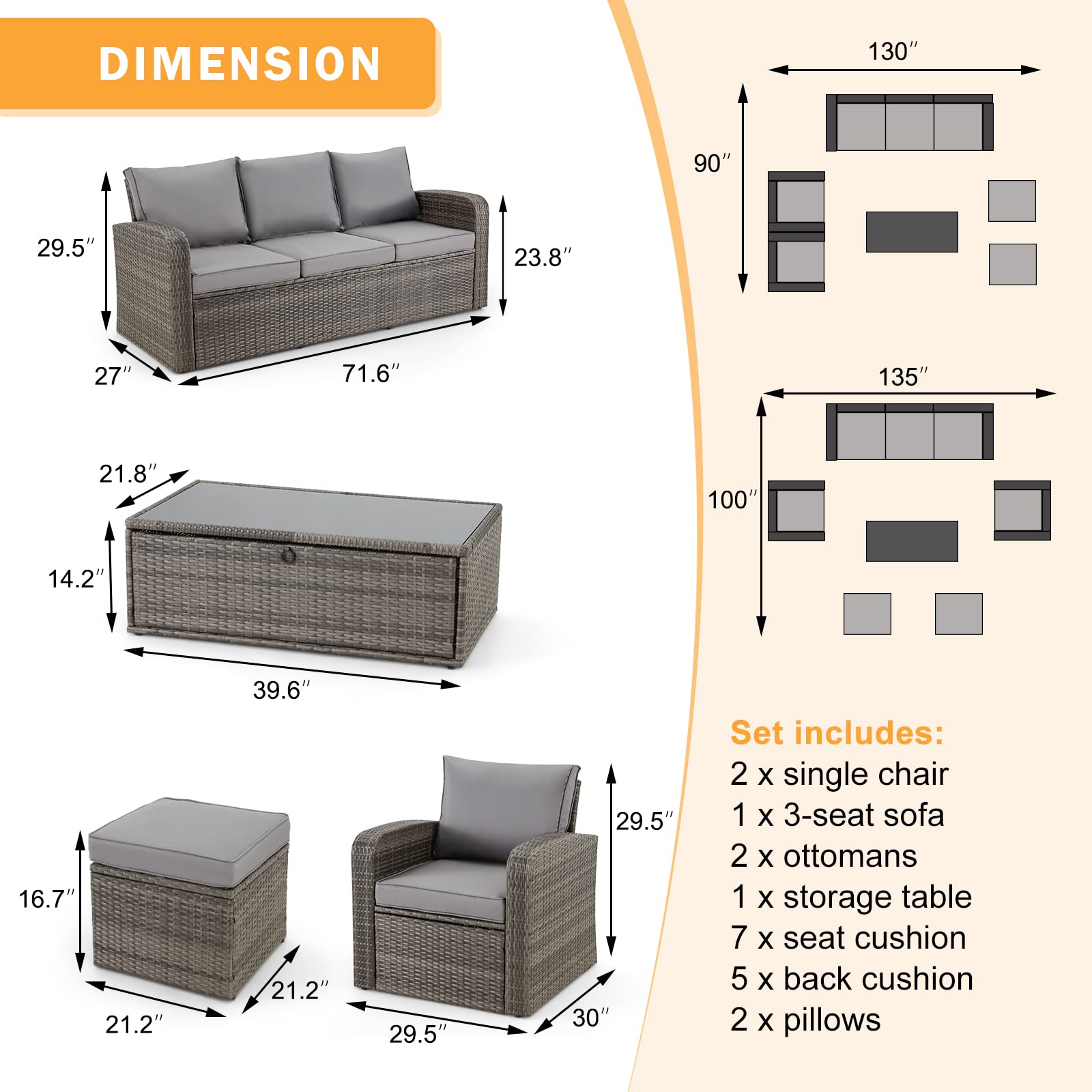 Product dimensions of Homrest 6 pcs outdoor furniture set