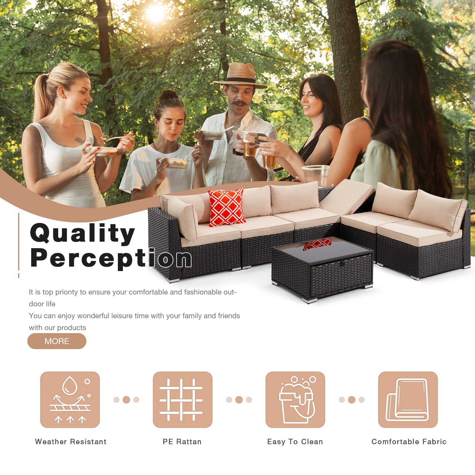 7 Pcs Outdoor Rattan Furniture Set with Coffee Table for Porch, Garden and Poolside, Khaki | Homrest Furniture