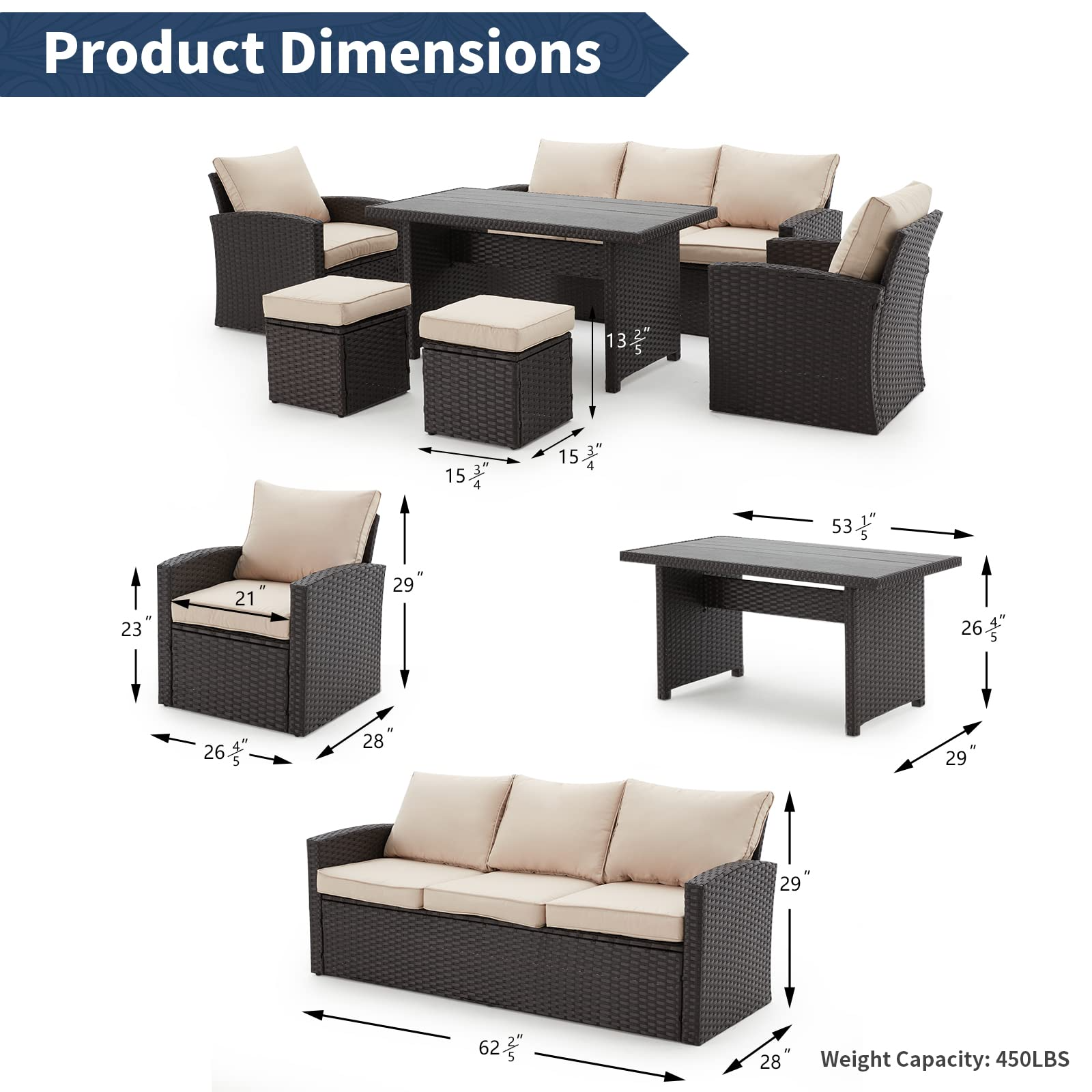 Product dimensions of Homrest patio sofa set