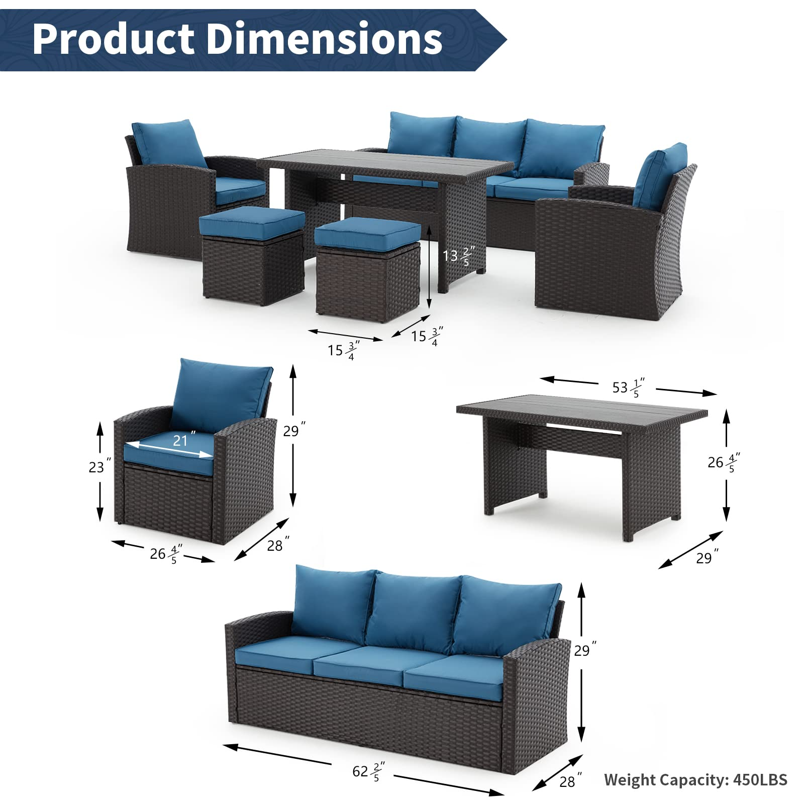6 Pieces Outdoor Sectional Dining Set, All Weather Patio Table and Chair Set with Ottoman(Blue) | Homrest Furniture
