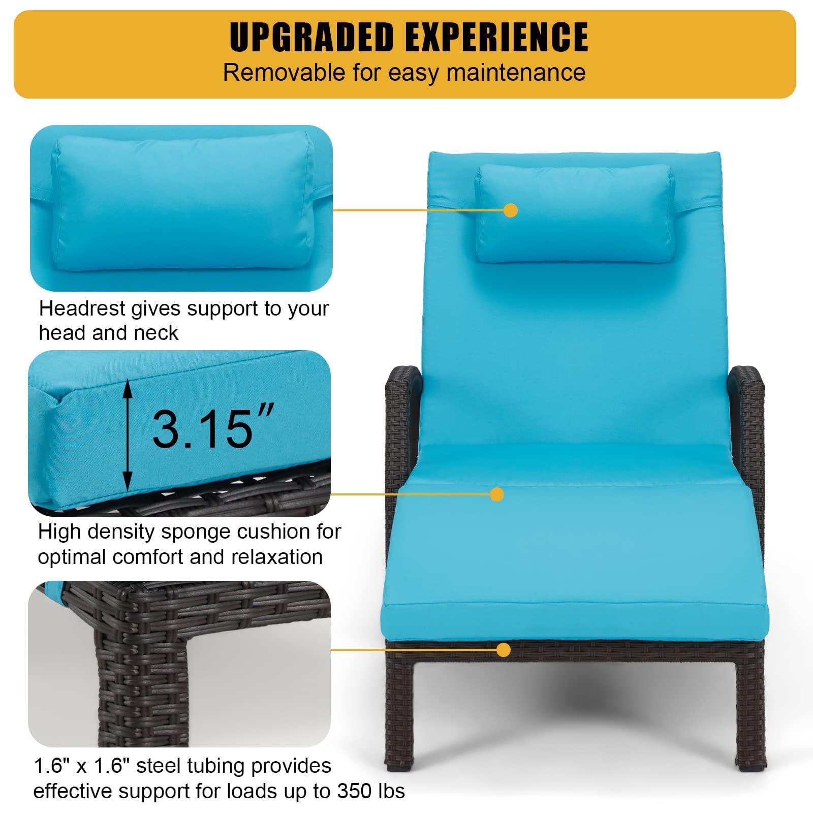 Homrest Chaise Lounge Chairs Set of 4 for Outside, PE Rattan Wicker, Blue