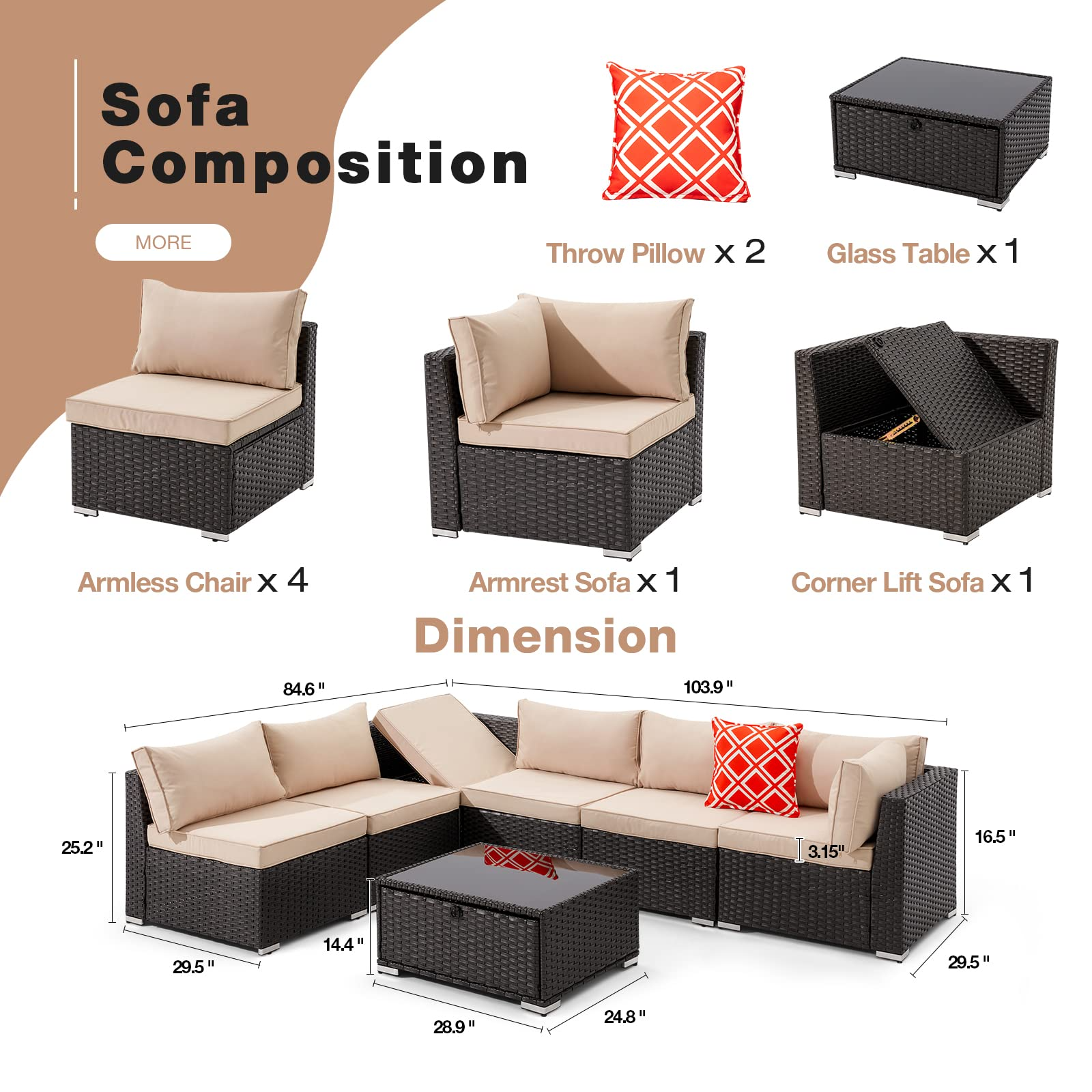 Product dimensions of Homresr 7 pcs patio conversation set with coffee table.