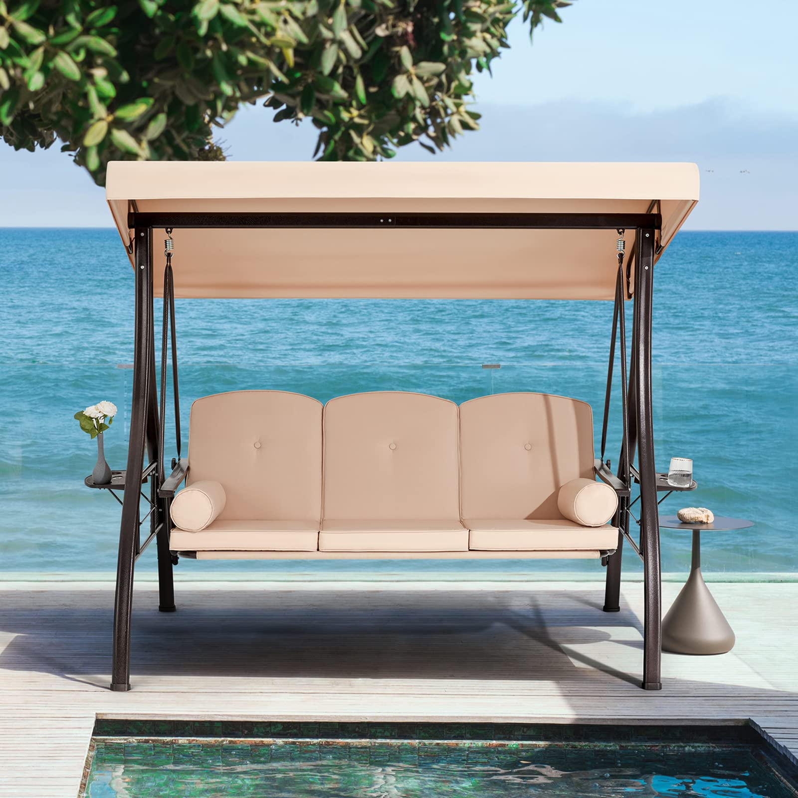3-Seat Outdoor Porch Swing with Adjustable Canopy and Backrest, Khaki | Homrest Furniture