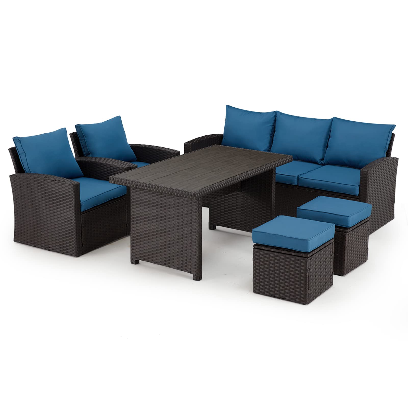 Homrest 6 Pieces Outdoor Sectional Dining Set, All Weather Patio Table and Chair Set with Ottoman(Blue)