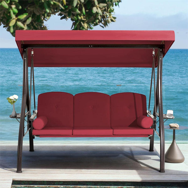 3-Seat Outdoor Porch Swing with Adjustable Canopy and Backrest, Wine Red | Homrest