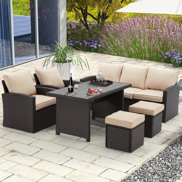 6 Pcs Patio Furniture Sets, All Weather Wicker Rattan Couch Dining Table & Chair (Khaki)