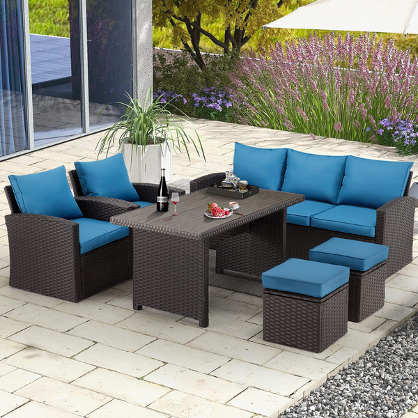 6 Pieces Outdoor Sectional Dining Set, All Weather Patio Table and Chair Set with Ottoman(Blue) | Homrest furniture