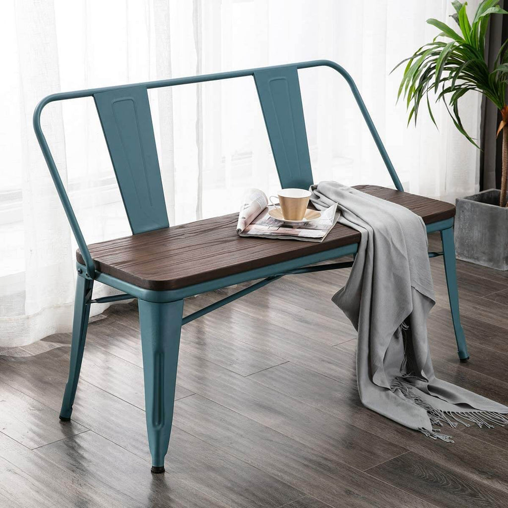Metal Bench Industrial Mid-Century 2 Person Chair with Wood Seat, Dining Bench with Floor Protector, Blue