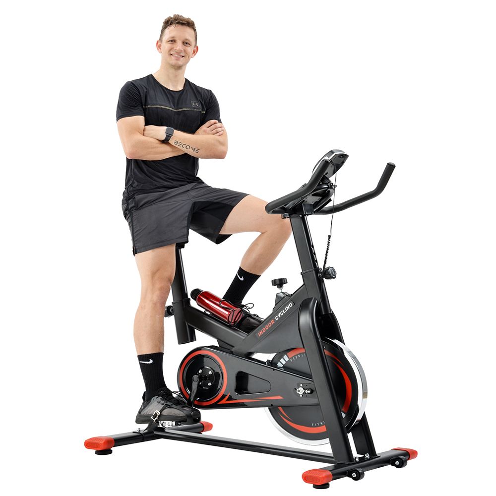 Indoor Cycling Bike Trainer with Belt Drive System & LCD Monitor, Exercise Bike for for Home Workout(Black & Red)