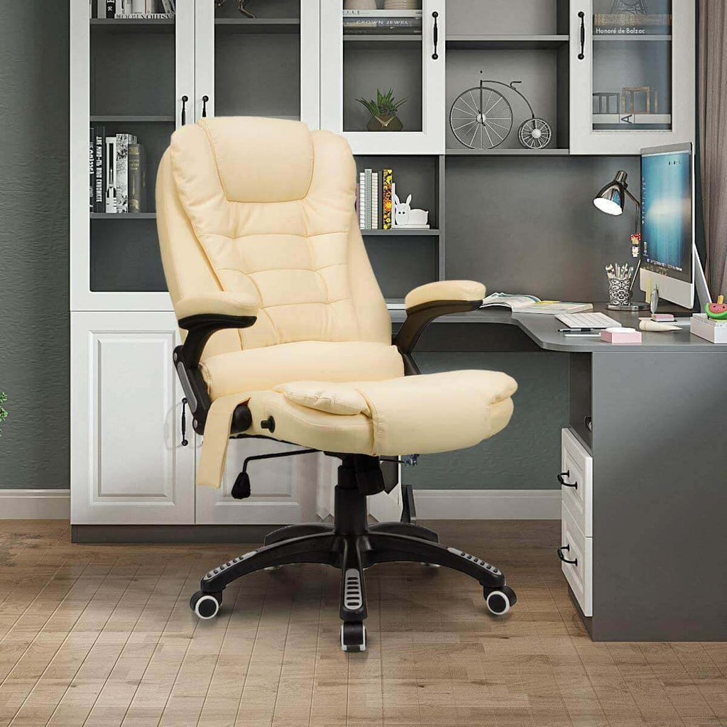 Homrest Ergonomic Office Chair High Back PU Leather Computer Chair Height Adjustable Desk Chair Heated Massage Recliner Chair with Lumbar Support, Cream
