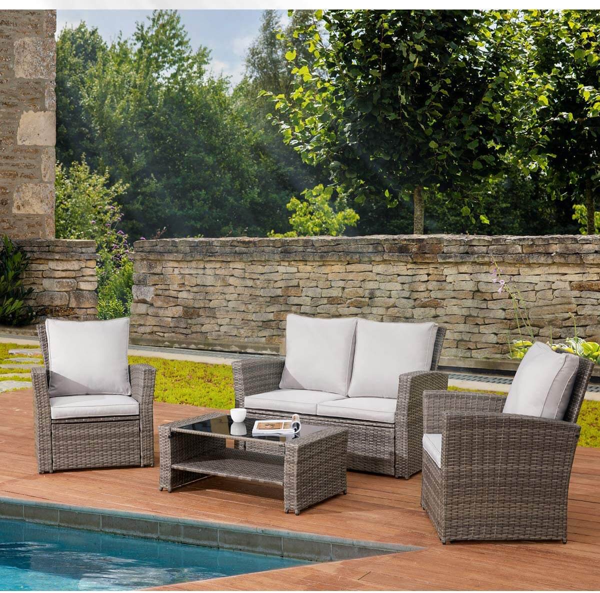  4 Pcs Wicker Sofa Chair Set Patio Furniture Set w/ Tempered Glass Tabletop & Cushion