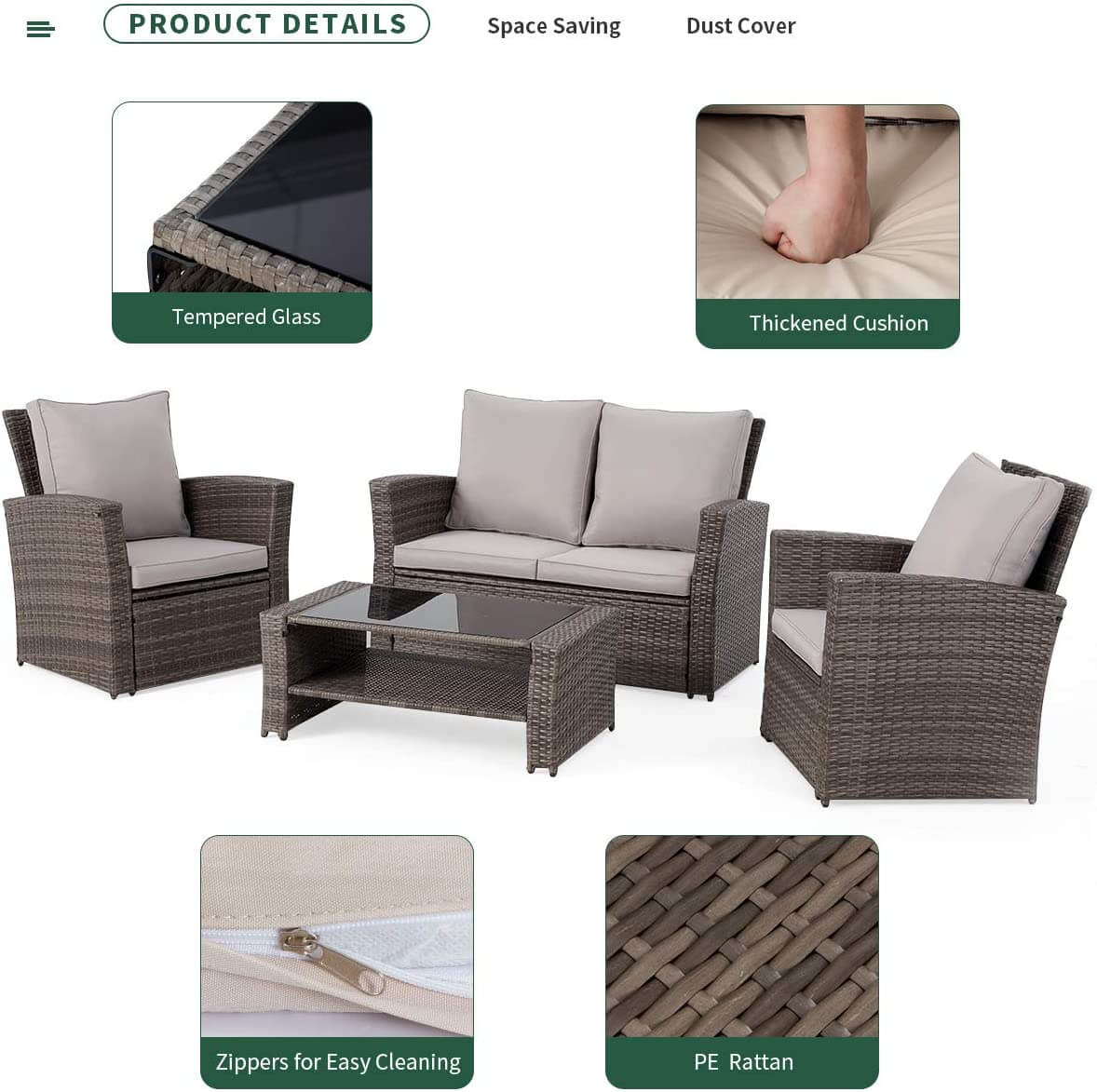  4 Pcs Wicker Sofa Chair Set Patio Furniture Set w/ Tempered Glass Tabletop & Cushion