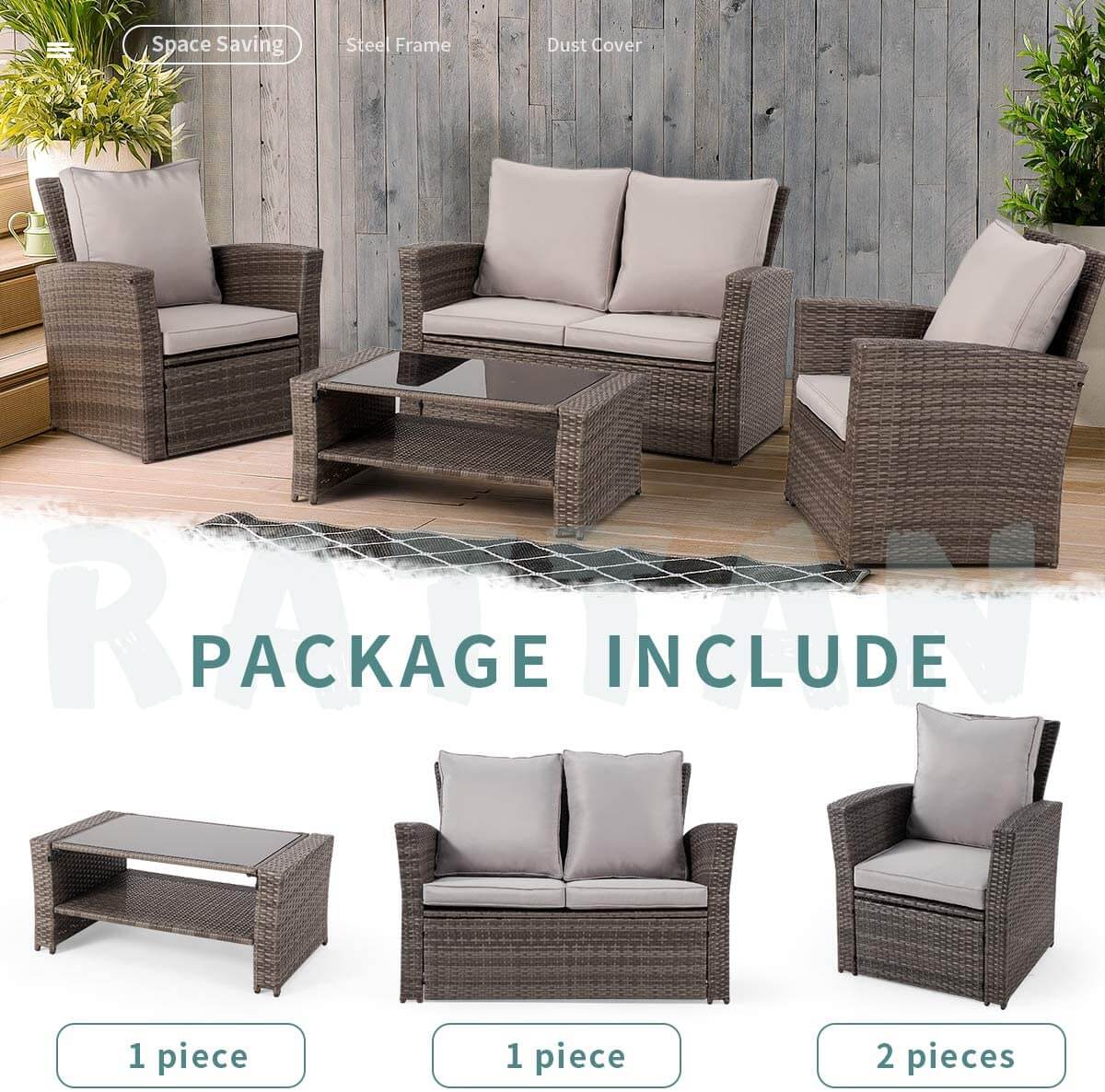  4 Pcs Wicker Sofa Chair Set Patio Furniture Set w/ Tempered Glass Tabletop & Cushion
