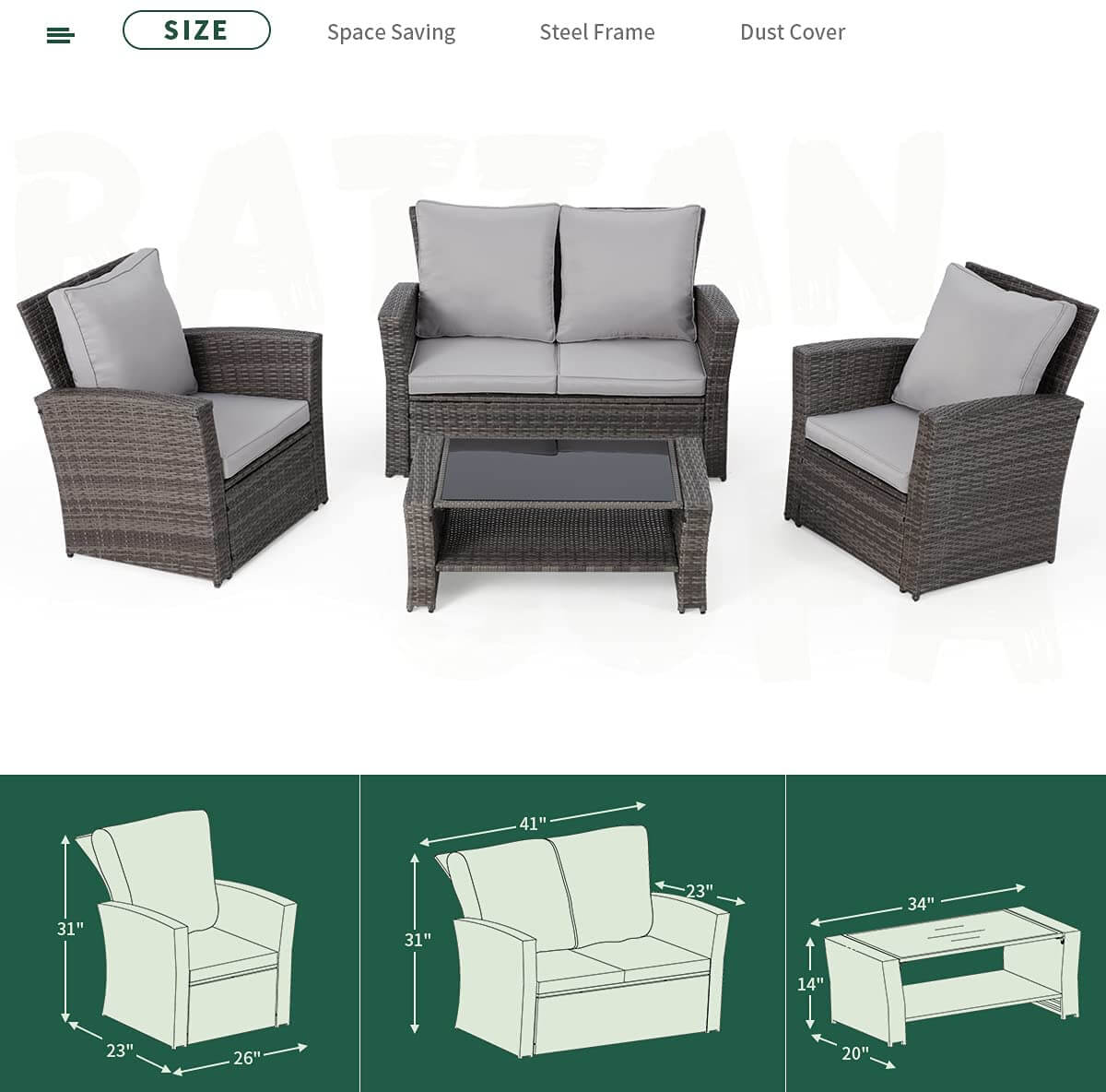  4 Pcs Wicker Sofa Chair Set Patio Furniture Set w/ Tempered Glass Tabletop & Cushion