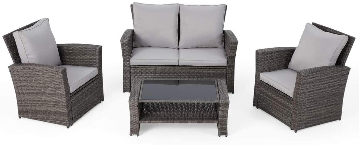  4 Pcs Wicker Sofa Chair Set Patio Furniture Set w/ Tempered Glass Tabletop & Cushion