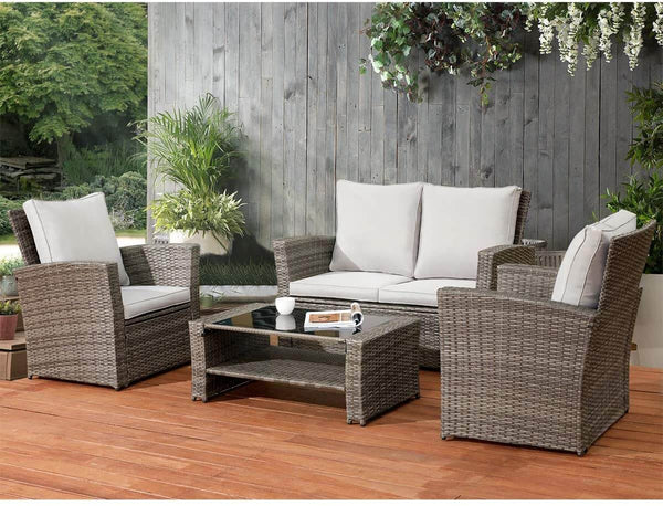  4 Pcs Wicker Sofa Chair Set Patio Furniture Set w/ Tempered Glass Tabletop & Cushion